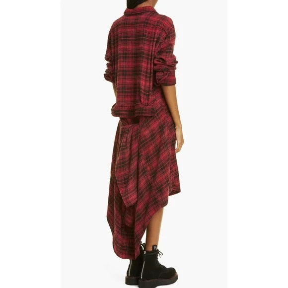 R13 Tie Flannel Midi Shirt Dress Women XS Red Black Plaid Grunge Asymmetric - Picture 2 of 16